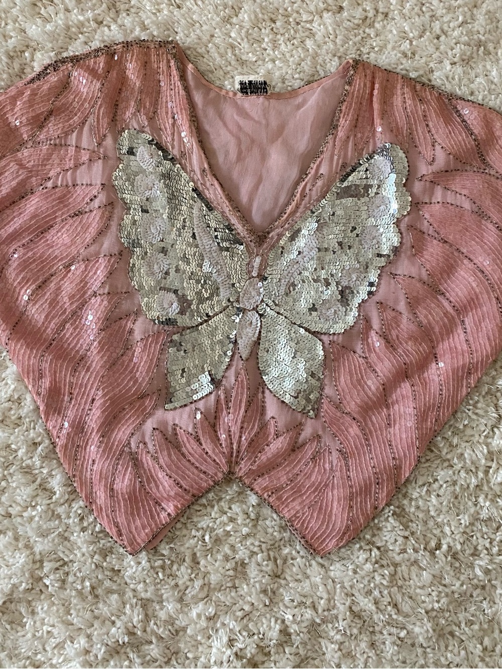 Vintage Pink White and Silver Sequin and Silk Butterfly Embellished Top